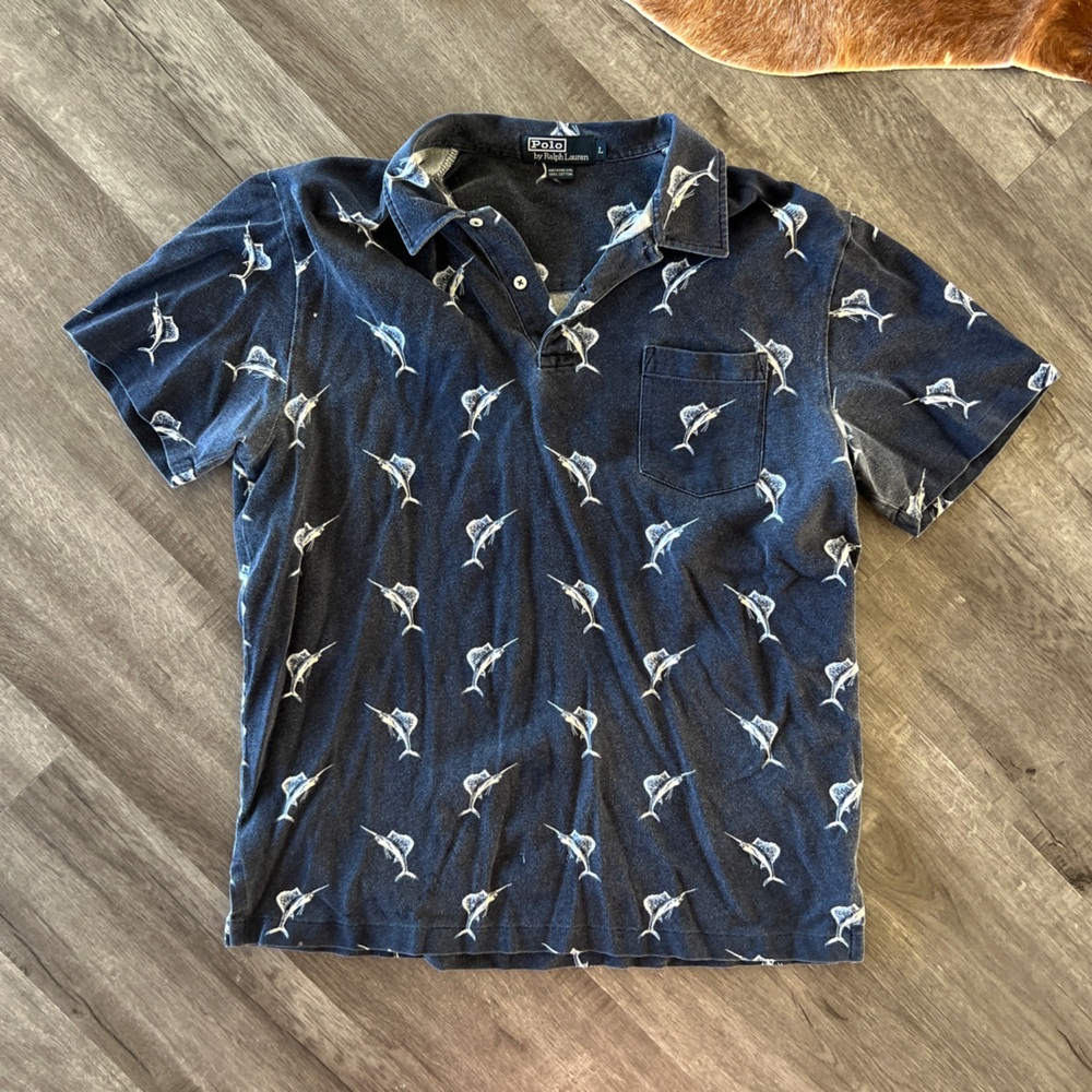 RALPH LAUREN Men's Blue Polo Shirt with Spearfish Pattern